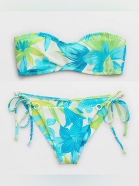 NWT Aerie FULL SET Shine Rib Bandeau  Top + String Tie Bottom Tropical - M
